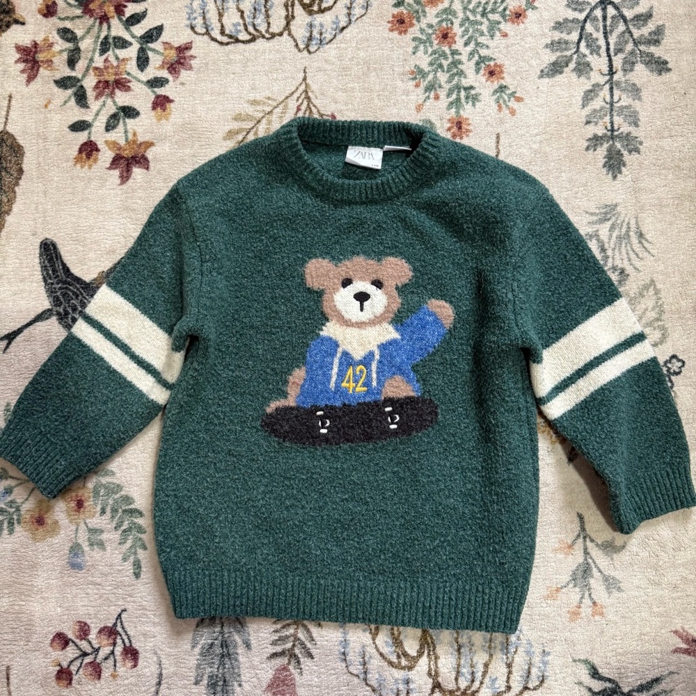 Zara Forest Green bear skater Knit Sweater 5T